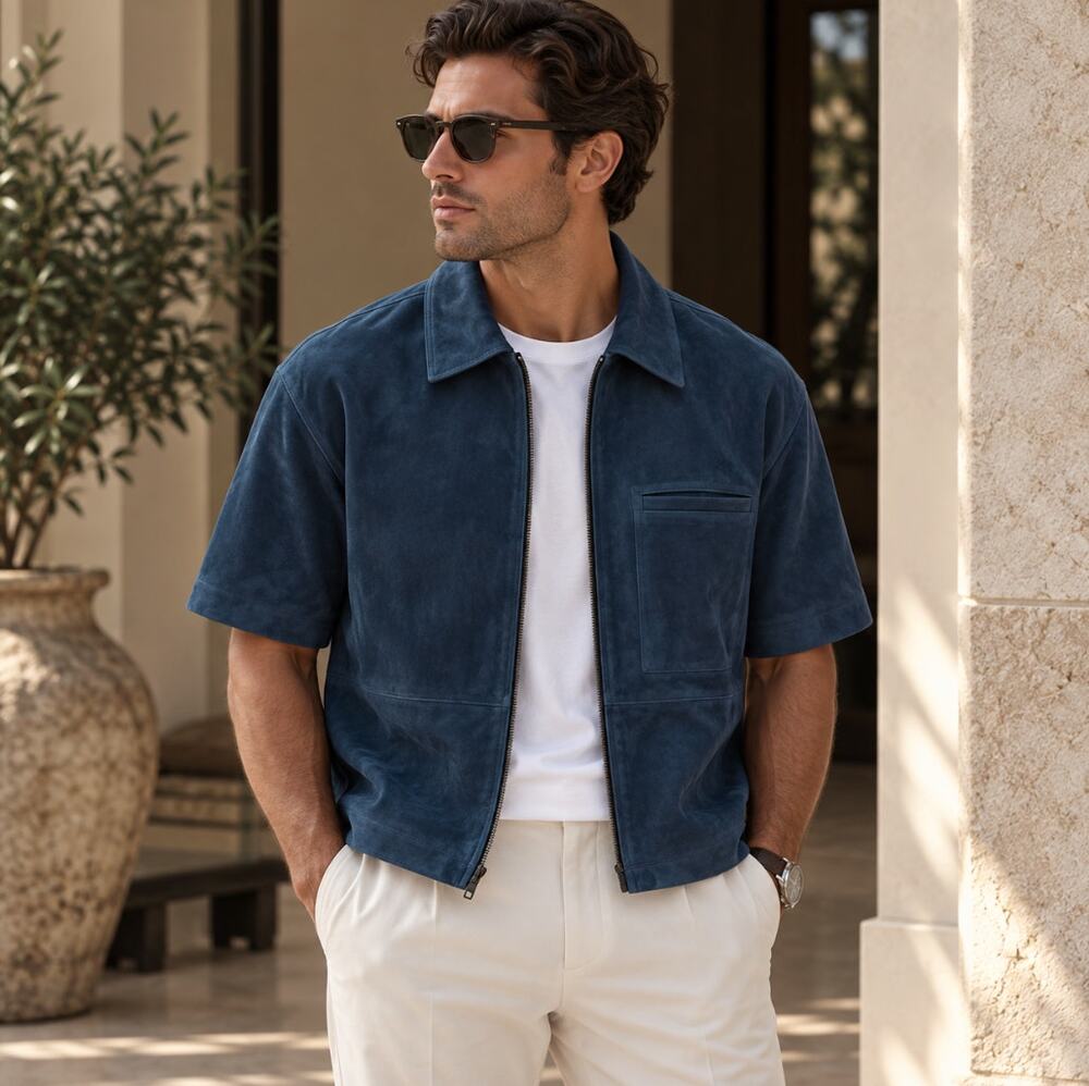 HUDSON JEANS 100% Suede Leather Short Sleeve Zip Shirt Petrol Blue Sz XL $595